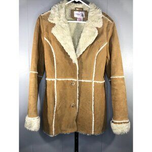 Vintage Y2K 90s Xhiliration 100% Leather Medium Faux Fur Jacket Coat Sherpa Tan